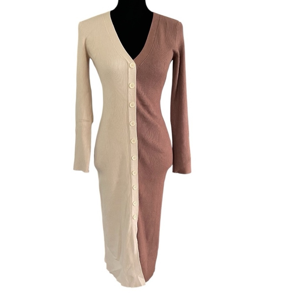 Gilli two tone Womens Size Small Sweater midi button down dress brown beige tan